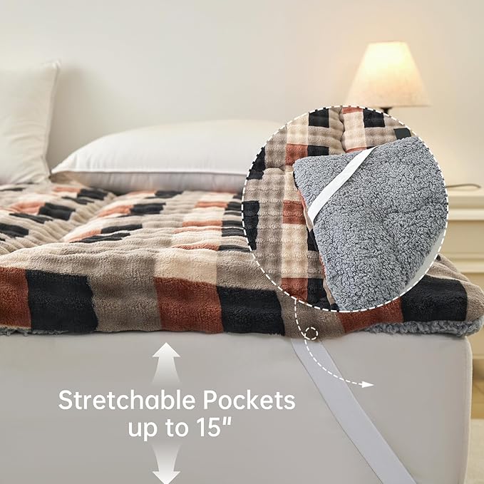 Twin Mattress Pad 39 x 75 inches, Warm Thicken Velvet Mattress Topper Twin Protector with 4 Elastic Band, Suitable for Mattresses up to 15 inches Thick Washable, Gray-Brown Grid