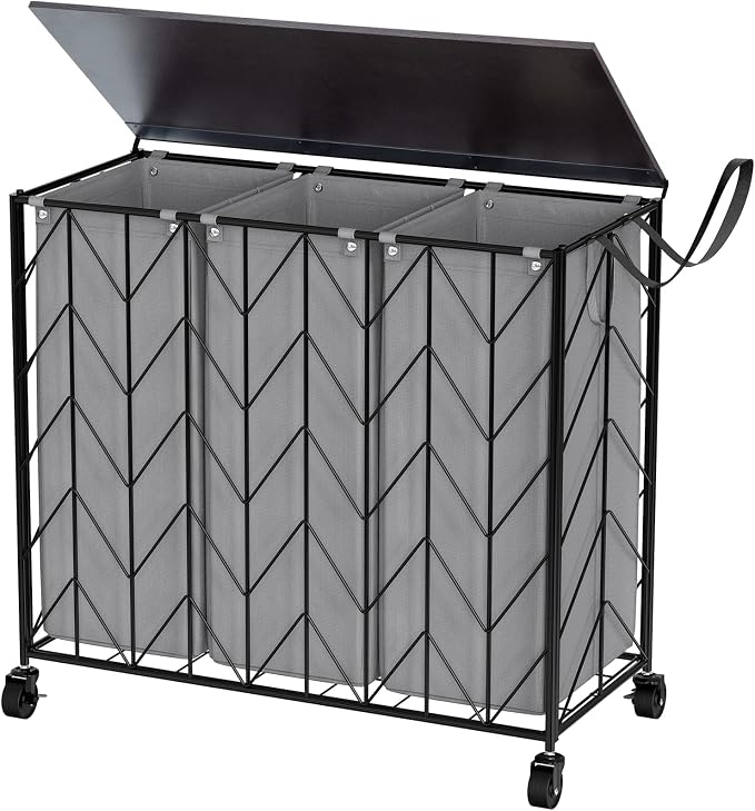 WOWLIVE Laundry Basket with Wheels, 142L Hamper 3 Section with Lid, Dirty Clothes Hamper with Removable Bags, Large Capacity Iron-Made Organizer Laundry Sorter for Dorm, Grey by WOWLIVE