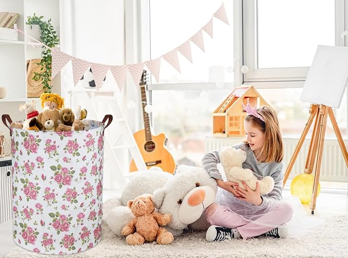 HIYAGON Roses Pink Laundry Basket Baby Girls Laundry Hamper Kids Toy Storage Bins Organizer Gift Basket Pink Rose Bedroom Decor Bathroom(Pink Rose) - Image 4