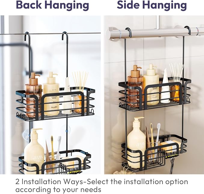 SWTYMIKI Shower Caddy Hanging Organizer - Over the Door Shower Caddy with Soap Holder, 11 Hooks, 2 Installation Ways, Stainless Steel Rustproof Bathroom Organizer, Black - Image 3