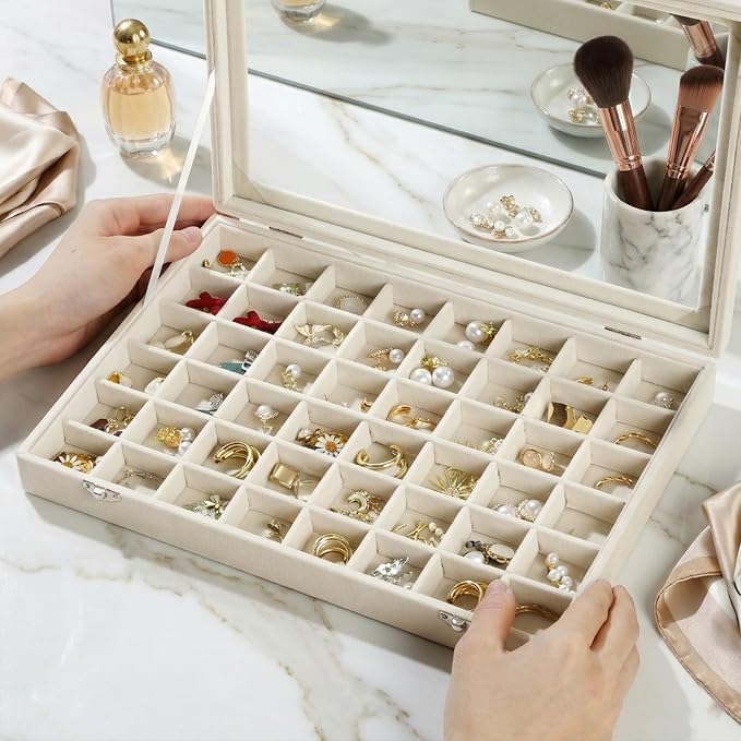Velvet Jewelry Organizer Storage Tray, 48 Grid Adjustable Earring Holder Organizer with Clear Lid, Jewelry Display Box for Earrings, Rings, Necklaces and Studs, Gift for Women and Girls - Image 6