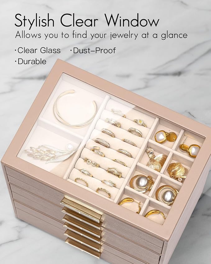 VLANDO 6 Layer Jewelry Box for Women, Glass Lid Jewelry Organizer with 6 Drawers for Necklaces Rings Earrings Bracelets - Toffee - Image 6
