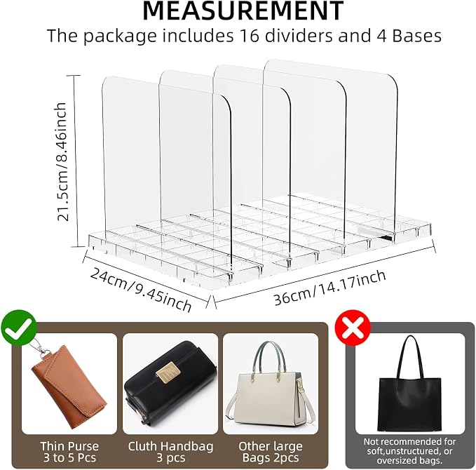 Stackable Bag & Purse Organizer for Closet Shelf Acrylic Shelf Dividers for Closet Organization, Clear Handbag Purse Storage Organizer Divider, Keep Clutch, Wallet, Pocketbook Upright, 4 Pack - Image 6
