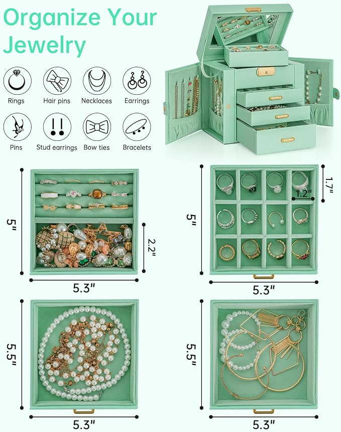 AKOZLIN 4-Tier Jewelry Box Leather Jewelry Storage Organizer with 3 Drawers Lockable for Women Girls Ring Necklace Earring Bracelet Holder with Mirror - Image 6