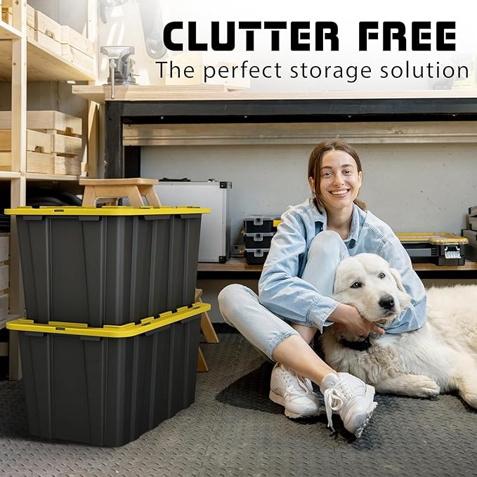 4 PACK Large Black & Yellow Storage Bins | Plastic Tote Organizing Container with Secure Latching Lids, Stackable, Extra Strength with Built in Handle | Black and Yellow Bins | 24.5" x 16.5" x 13.5" - Image 2