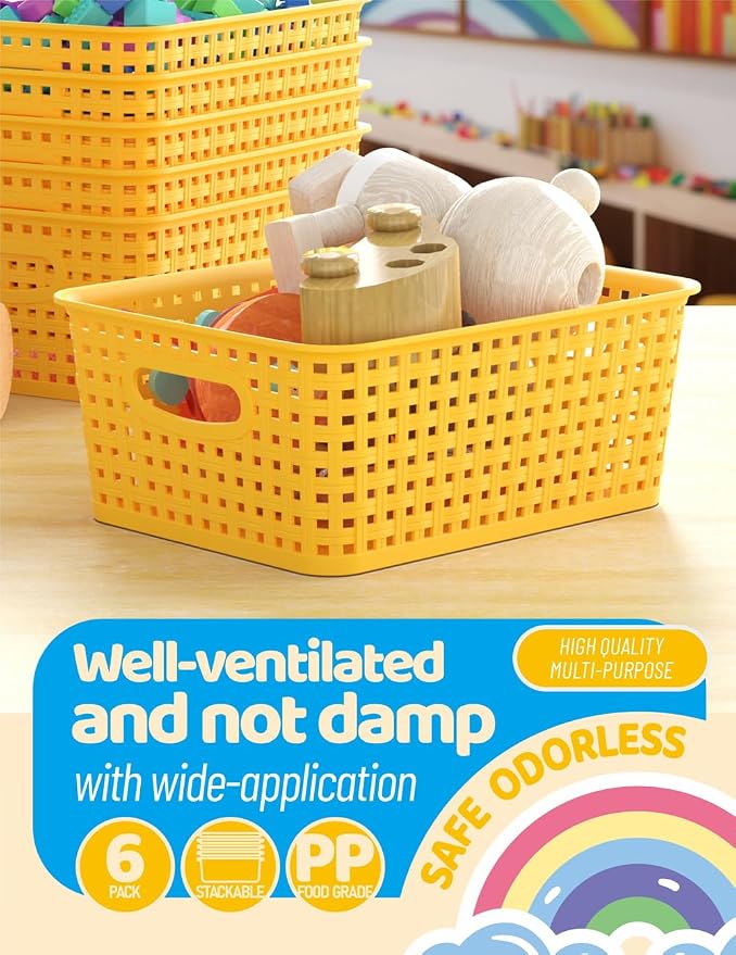 WYT 6-Pack Plastic Small Shelf Storage Weave Baskets Organizing for Cabinets and Pantries, Yellow - Image 4
