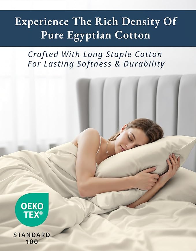 LANE LINEN 100% Egyptian Cotton Full Size Bed Sheets, No Pill Naturally Cooling Sheets Full Size, Soft & Comfy Sateen Weave for Silky Smooth Finish, Available in Variety of Colors - Ivory