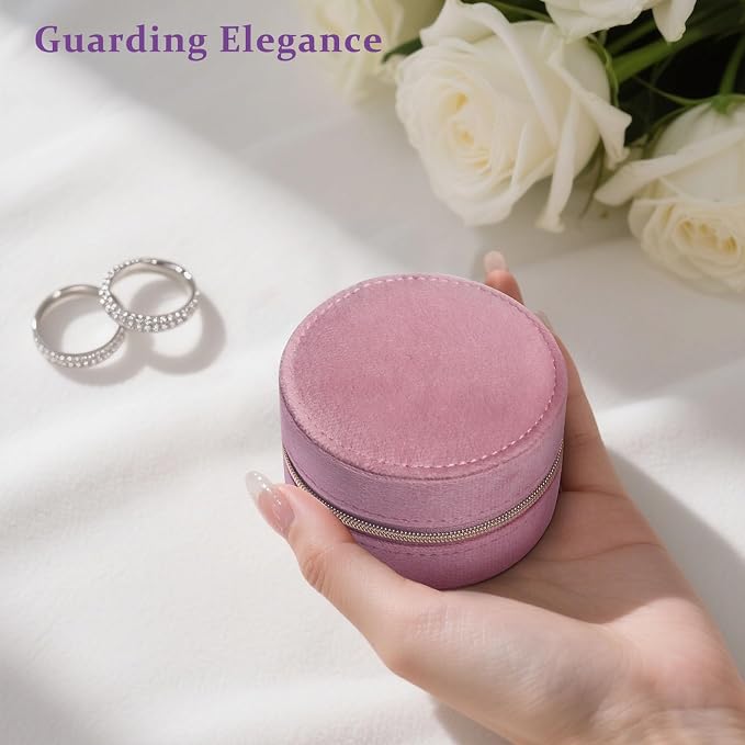 CONBOLA Travel Jewelry Case Small Jewelry Box for Women Girls,Round Velvet Mini Jewelry Travel Organizer,Portable Jewelry Box for Rings Earrings Necklaces Bracelets.(Pink,Small) - Image 7