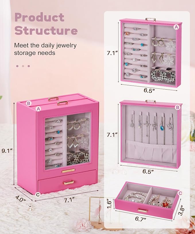 Homde Mothers Day Gifts Jewelry Organizer Girls Women Jewelry Box for Necklaces Rings Earrings Gift Bracelets Storage Case(Pink + Gold) - Image 3