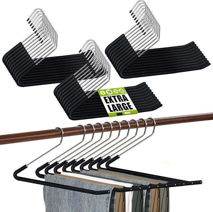 Spring Fever Open Ended Non Slip Sponge Padded Pants Hangers - Chrome Plating Foam Heavy Duty Space Saving Black Long 30 by SpringFever