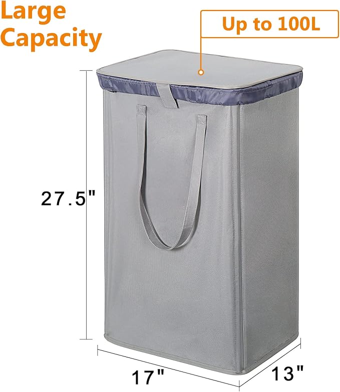 WOWLIVE 100L Laundry Hamper with Lid, Large Foldbale Laundry Basket with 2 Removable Bags and Handles, Tall Collapsible Dirty Clothes Hamper for Laundry Room, Bathroom, Dorm (Grey) - Image 4