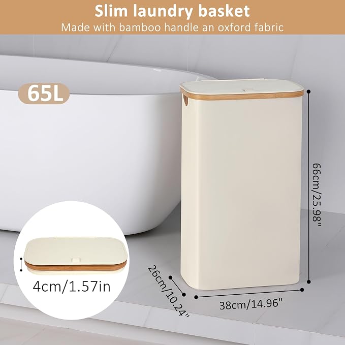 iEGrow 65L Slim Laundry Hamper, Narrow Laundry Basket with Lid,Foldable Clothes Hamper with Bamboo Handles,Hamper Basket with Removable Inner Bag for Laundry Room Bedroom College Dorm,17.17 Gals Beige - Image 2