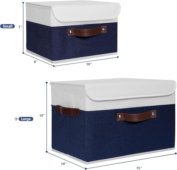 ANMINY Storage Boxes with Lids Washable Decorative Storage Bins Basket with PU Leather Handle Foldable Linen Fabric Storage Cubes Containers for Home Closet Organizer - Deep Blue White, Large Size - Image 4