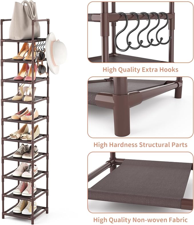 LANTEFUL Tall Shoe Rack 10-Tier Narrow Shoe Shelf Storage for 10-15 Pairs Shoe and Boot, Sturdy Shoe Storage Space Saving Corner Shoe Rack Organizer for Closet, Entryway, Living Room, Brown - Image 4