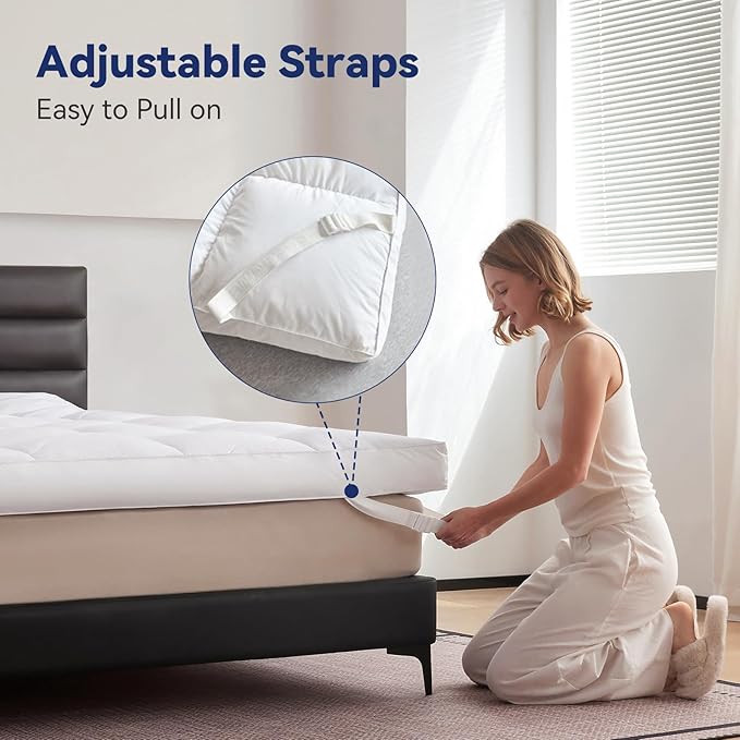 Dual Layer 5 Inch Goose Feather Mattress Topper Twin Size, 4 Inch Goose Feather Plus 1 Inch Down Alternative Pillow Top, Medium Firm Featherbed with Adjustable Straps(39"x75", Wavy)