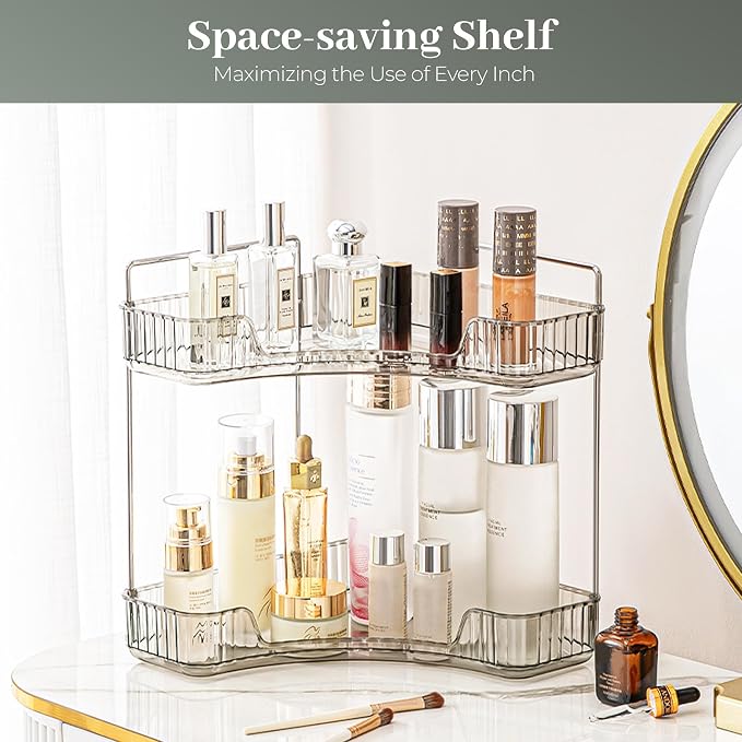 Aveniee Corner Bathroom Counter Organizer, Bathroom Countertop Shelf Makeup Organizer for Vanity Perfume Tray for Corner Storage (2 Tiers, Grey) - Image 6