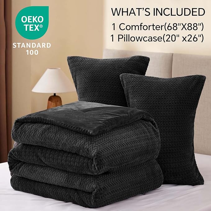 Flannel Fleece Twin Comforter Set - Furry Black Leaves Pattern Faux Fur Bed Set, Winter Ultra Soft Fuzzy Comfort Set, Velvet Bedding Set for Bed with 1 Pillow case