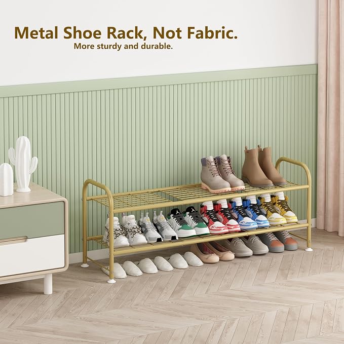 LINZINAR Shoe Rack Long 2 Tier Shoe Storage Organizer Metal Wide Shoe Shelf for Closet Entryway Bedroom 18 Paris Large Capacity, Gold - Image 5