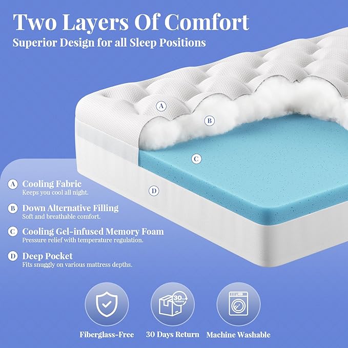 OhGeni Cooling 4 lnch King Size Dual Layer Mattress Topper, 2 Inch Gel Memory Foam, 2 Inch Soft Breathable Pillow Top Pad, Bedroom Mattresses Cover, Extra Comfortable Sleep and Back Pain Relief