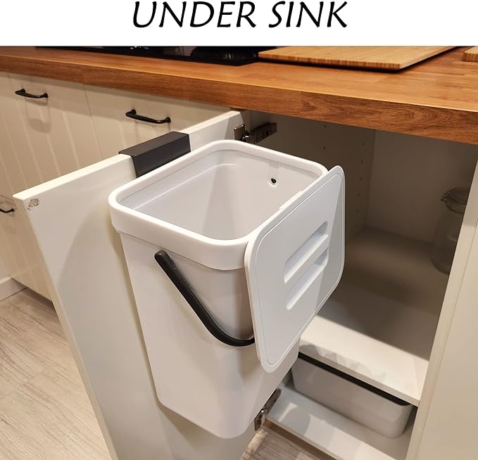 stonespace Hanging Trash Can, 3.2 Gallon/12L Small Waste Bin with Lid for Kitchen Cabinet Door or Under Sink, Bathroom Trash Bin with Lid, Food Waste Bin, 1 Pack White - Image 4