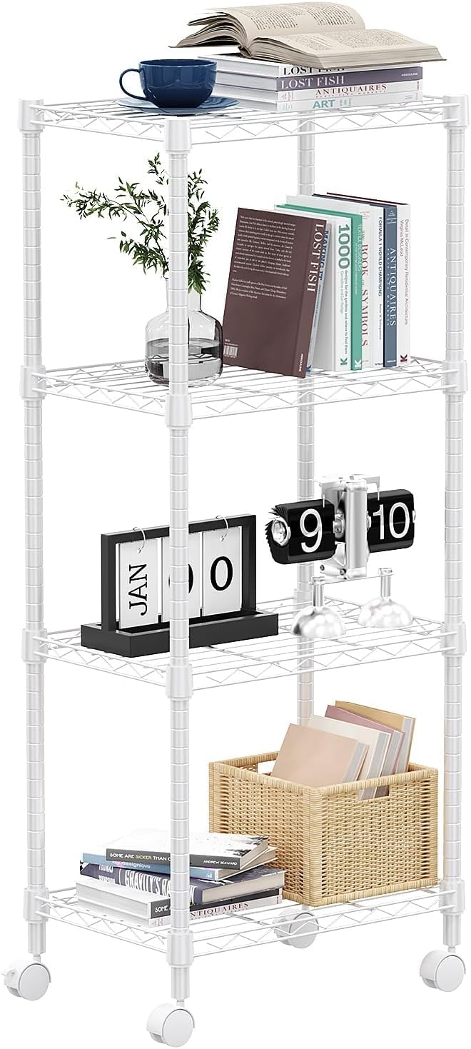 M MZG 1000 lbs 4-Shelf Adjustable Heavy Duty Steel Wire Rack, Adjustable Storage Shelving Unit with Wheel for Kitchen, Garage, Laundry White 11.8" D x 17.7" W x 40.8" H by MEIGAOPLASTICANDMETALHKCOLIMITED