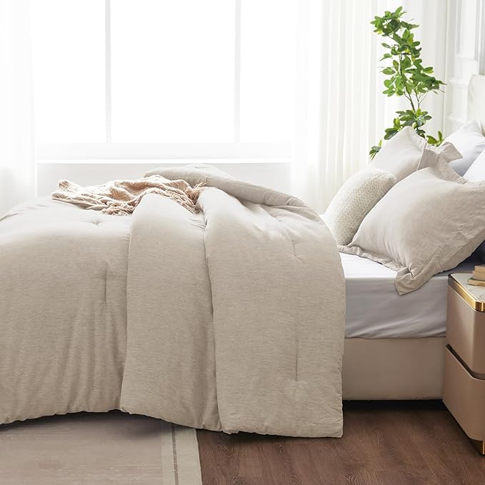 CozyLux King Size Comforter Set - 3 Pieces Beige Soft Luxury Cationic Dyeing Bedding Comforter for All Season, Breathable Lightweight Fluffy Boho Bed Sets with 1 Comforter and 2 Pillow Shams