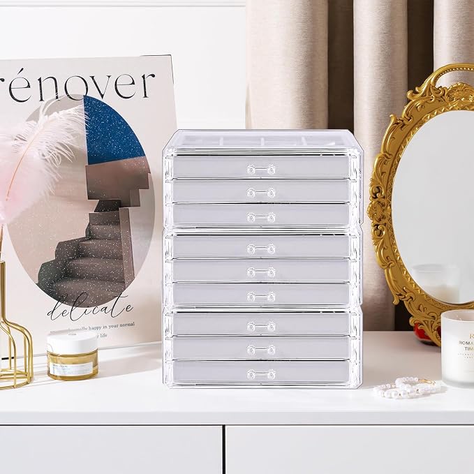 Lolalet Earring Holder Organizer Box Jewelry Storage with 9 Drawers, Clear Acrylic Stackable Earring Case with Adjustable Velvet Trays for Women on Dresser Vanity -Grey, 9 Layers - Image 4
