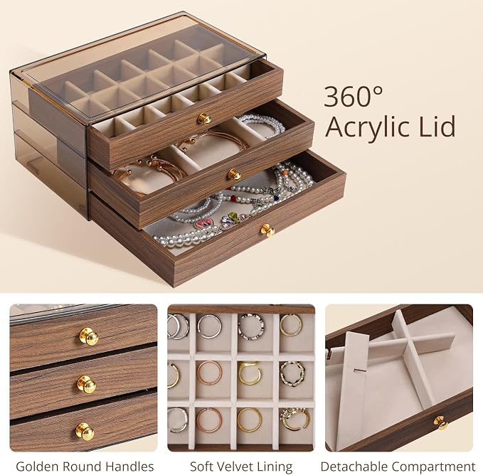 3 Layer Wooden Drawers Jewelry Box Vintage Style Jewelry Organizer with Acrylic Cover, Jewelry Storage Display Box for Ring Earrings Necklace Bracelet Box for Women and Girls(Walnut Color) (A) - Image 4