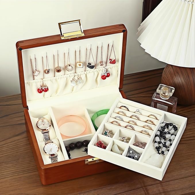 Solid Walnut Wood Jewelry Organizer Box with Lock,2-Layer Vintage Jewelry Box for Men Women, Velvet-Lined Storage for Earrings Rings Necklaces Bracelets Watches Gift Beige - Image 4