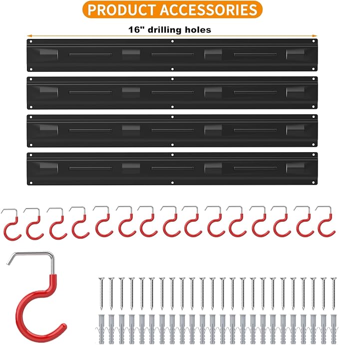 WALMANN All Metal 64 Inch Wall Mount Garden Tool Organizer for Garage, Mop and Broom Holder, Yard Tool Storage Rack for Rake, Shovel, Spade, Mop, Broom(4 Rails, 16 Hooks) - Image 3