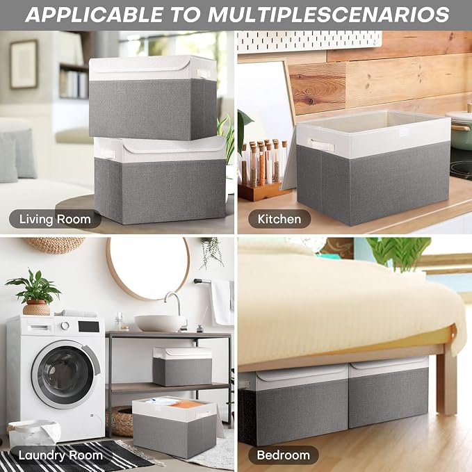 Bagnizer Large 17" 42 Quarts Collapsible Stackable Storage Bins with Lids [3-Pack] Foldable Fabric Linen Storage Boxes Cube, Closet Organizer Baskets with Label (16.7 x 12 x 12, Gray & White) - Image 8