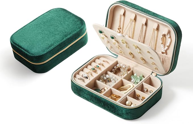 CASEGRACE Plush Velvet Travel Jewelry Box, Portable Jewelry Case for Women Girls, Double Layer Jewelry Organizer Display Box for Necklace Earring Rings Bracelet, Travel Accessory Gifts, green by Casegrace