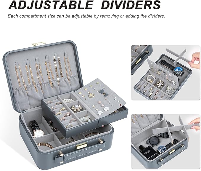 Travel Jewelry Case Large Jewelry Box Jewelry Travel Organizer Jewelry Case with Handle Removable Tray Best Gift for Women Girls (Grey) - Image 6