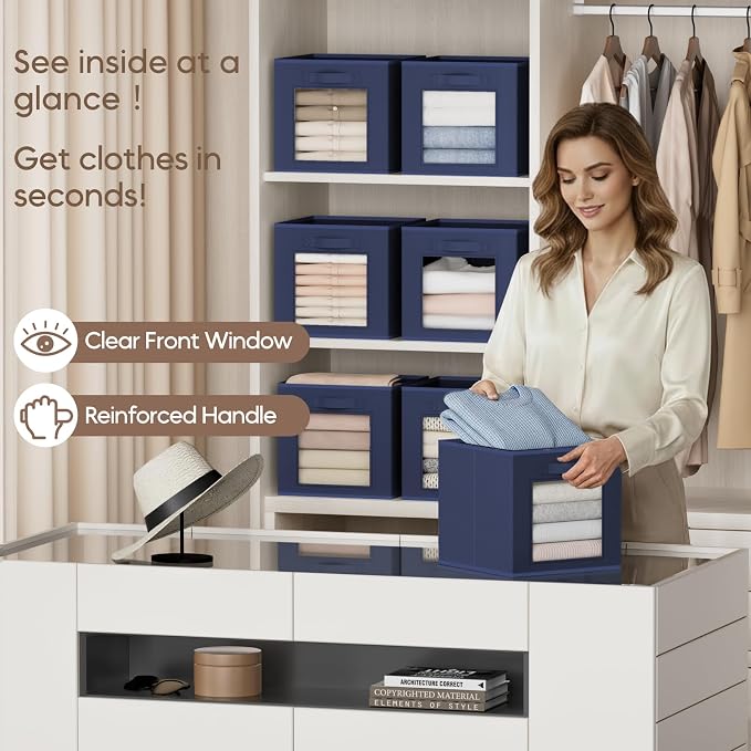 Homsorout Storage Cube 11 Inch - Cube Storage Bins with Window, Closet Storage Baskets with Handle, Fabric Bins for Closet, Shelves, Toys, Clothes, Set of 16, Navy Blue - Image 2