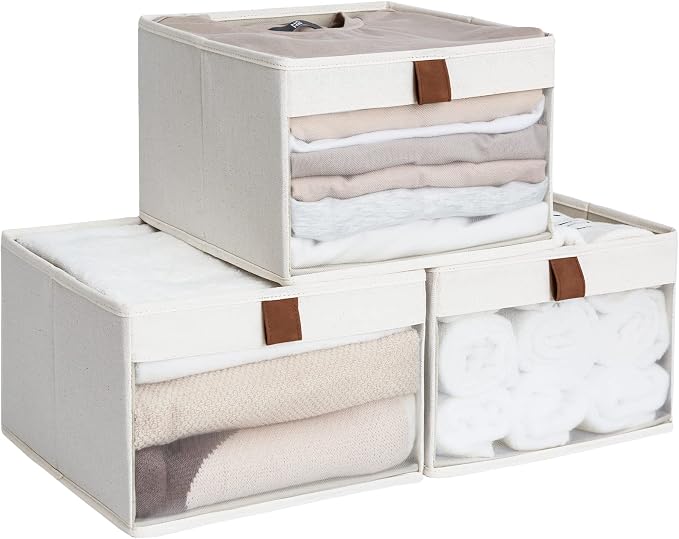 StorageWorks Closet Storage Bins, Storage Baskets with Clear Window and Handles, Foldable Fabric Organizer for Clothes, Shelves, Beige, 3 Pack by StorageWorks