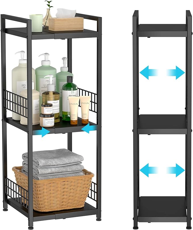 DAOUTIME 3-Tier Metal Shelving Unit, Expandable, Free-Standing, Narrow, Open Floor Shelves, Ideal for Bathroom, Kitchen, Laundry, Storage, Organization by DAOUTIME