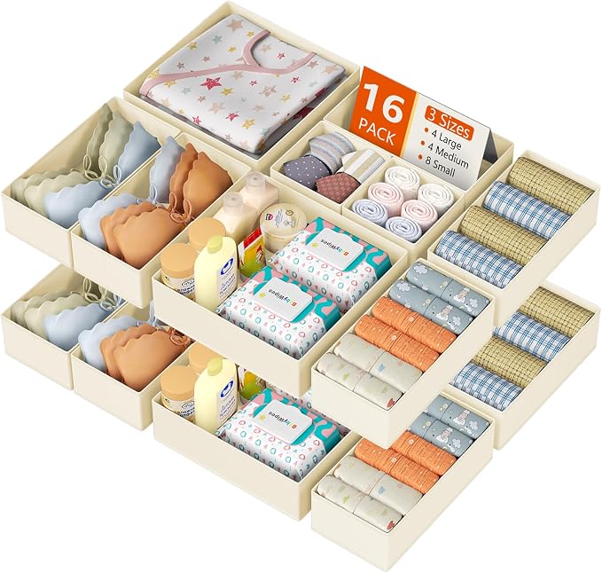 DIMJ Drawer Organizer Clothes 16 Pack - Foldable Baby Organizers and Storage & Dresser Organizer for Bedroom, Closet - Nursery Organization Dresser Dividers for underwear, Sock,Bra, Belt, Tie, Beige by DiMJ