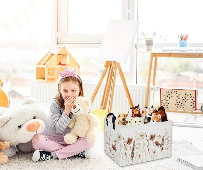 Rectangular Kids Baskets Flower Basket Kids Storage Bins Girls Basket Cute Storage Bin Organizer Box Room Decor for Home(Ink wash flower) - Image 7