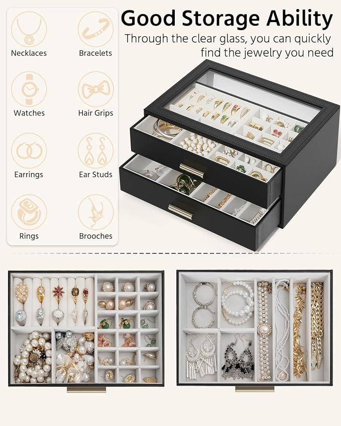 AKOZLIN Jewelry Box with Clear Lid Functional Leather Jewelry Storage Organizer Case 2 Drawers for Women Girls Necklace Ring Bracelet Earring - Image 3
