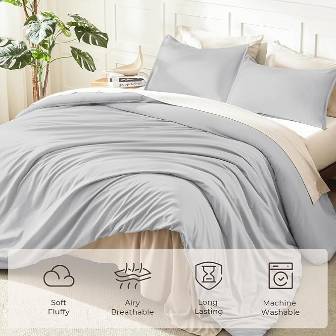 Litanika Comforters Light Grey Oversized King Size, 3 Pieces Lightweight Solid Bedding Comforter Set, All Season Fluffy Bed Set (120x98In Comforter & 2 Pillowcases)