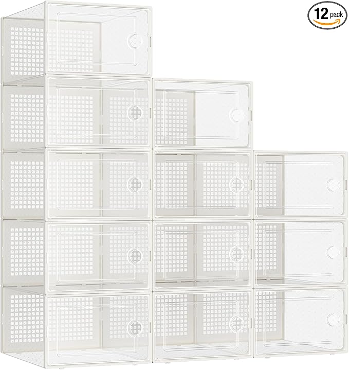 Kuject Large Shoe Organizers Storage Boxes for Closet, 12 Pack Clear Plastic Stackable Storage Bins with Lids, Under Bed Shoe Containers for Entryway, Fit up to Women's Size 10,Black,Off-white by Kuject