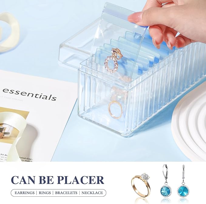 HOMEHIVE Acrylic Jewelry Box Organizer, Clear Jewelry Organizer Holder with 20 Portable Anti Tarnish Jewelry bags, Travel Jewelry Case for Earrings/Rings/Necklaces for Women Girls, Blue - Image 3