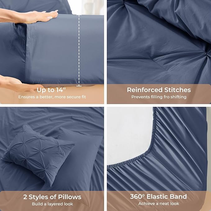 Sasttie Twin Comforter Set, 5-Piece Bed in a Bag, Pintuck Bedding Sets for All Season, Includes Comforter, Flat Sheet, Fitted Sheet, Pillowcase and Pillowsham, Indigo Blue