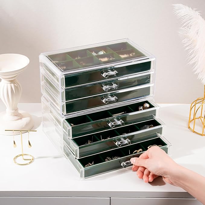 Lolalet Earring Holder Organizer Box Jewelry Storage with 6 Drawers, Clear Acrylic Stackable Earring Case with Adjustable Velvet Trays for Women on Dresser Vanity -Emerald, 6 Layers - Image 6