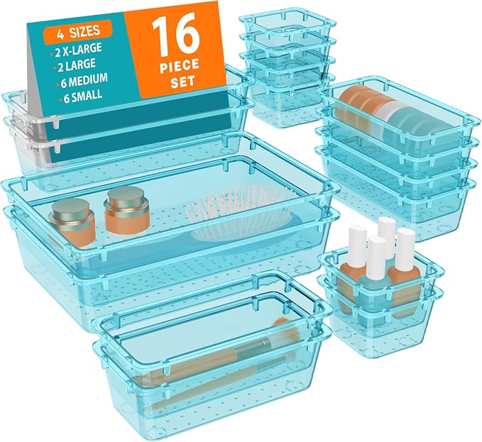 WOWBOX 16 PCS Plastic Drawer Organizer Set, 4 Sizes Desk Drawer Organization and Storage Containers for Makeup, Cosmetics, Jewelry and Gadgets in Kitchen, Bathroom, Bedroom, Office, Clear Sea Blue by WOWBOX