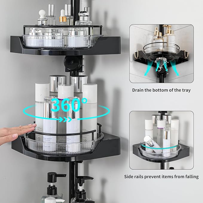 360° Rotating Shower Caddy Tension Pole, 3 Tiers Corner Shower Organizer for Bathroom Shelf Bathtub, Adjustable Standing Shower Rack Bathroom Accessories, Easily Assemble, 34-124 Inch Height, Black - Image 3