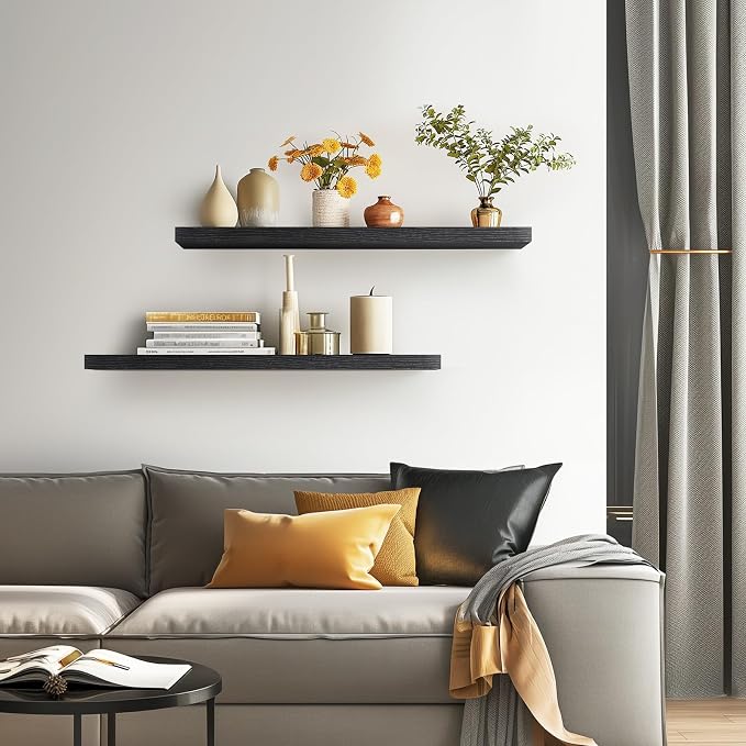 BAYKA Floating Shelves for Wall, 36 inches Long Wall Mounted Rustic Wood Shelves for Bathroom, Bedroom, Living Room, Kitchen, Office, Hanging Shelf for Books/Storage/Decor(Black,Set of 2) - Image 4
