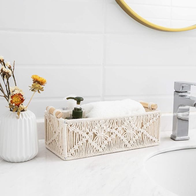 Mkono Macrame Storage Baskets Boho Decor Box Handmade Woven Decorative Countertop Toilet Tank Shelf Cabinet Organizer for Bedroom Livingroom Home, Set of 2, Ivory - Image 8
