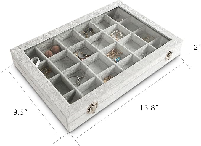 Frebeauty 24 Grid Earring Holder Organizer Tray, Jewelry Organizers and Storage for Drawer,Velvet Jewelry Display Storage for Earrings,Rings,Studs,10.5 x 6.5 x 1.2 Inches Gift for Women (Grey) - Image 2
