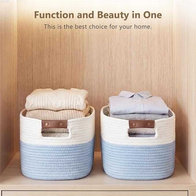 ECDYQXVU Cotton Rope Basket, Storage Baskets with Handle, 15x10x9 Inch Woven Basket for Shelves, Laundry, Towels, Clothes, Books (White/Blue 1Pack) - Image 7